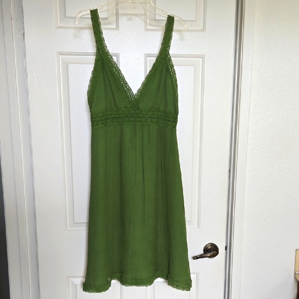 Vintage Green Goddess Silk Dress With Crochet Trim